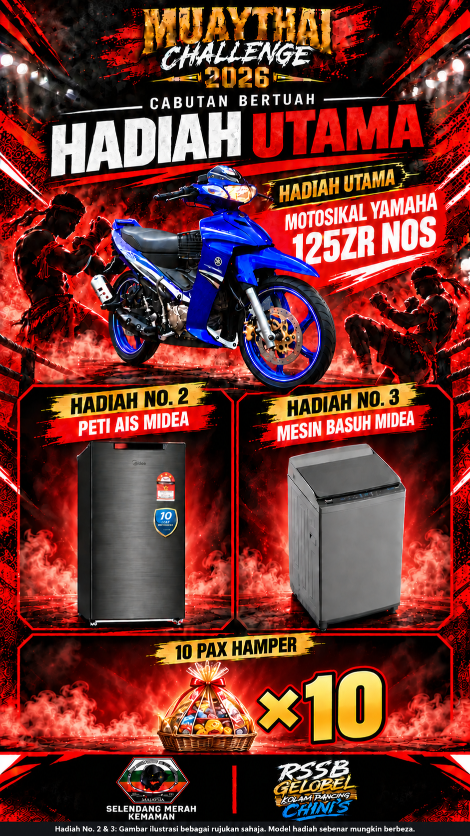 Poster rasmi cabutan bertuah dengan motosikal Yamaha 125ZR NOS, peti ais, mesin basuh dan hamper